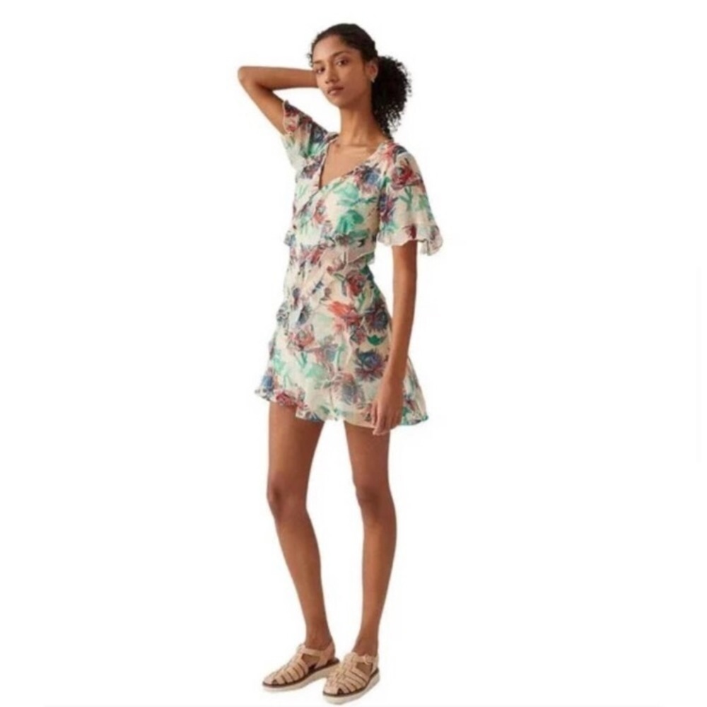 ANTHROPOLOGIE • Watercolor Floral Ruffle Strappy Back Mini Dress - Picture 2 of 16